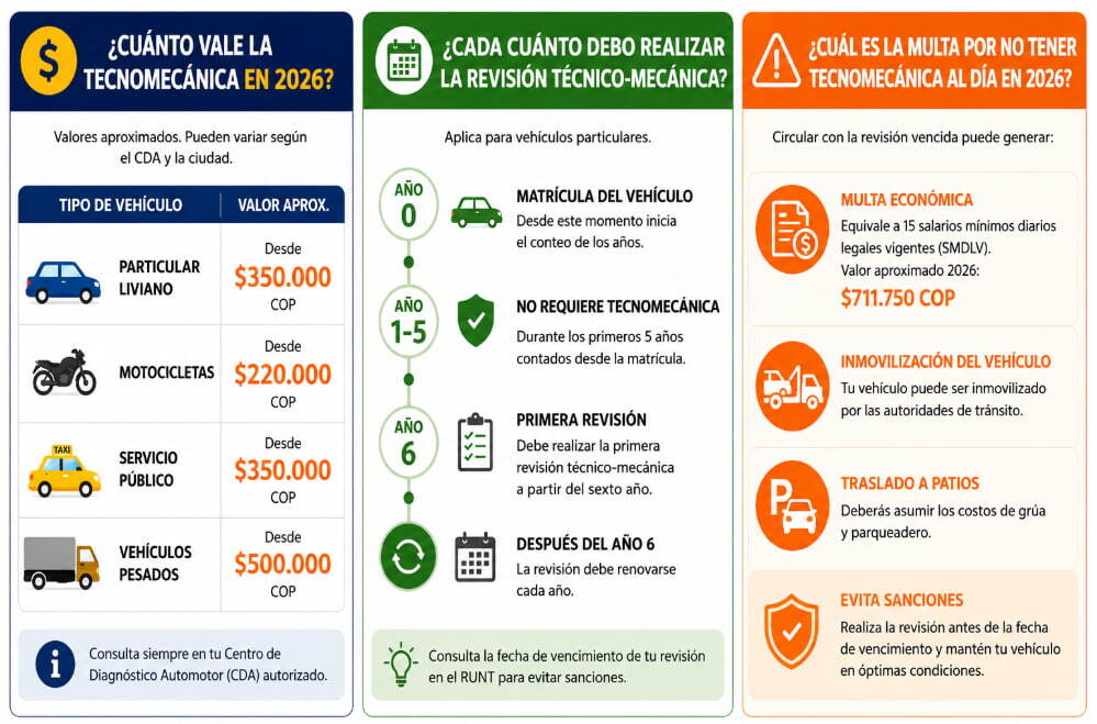 Infografía sobre precios, plazos y multas de la revisión técnico-mecánica en Colombia para 2026